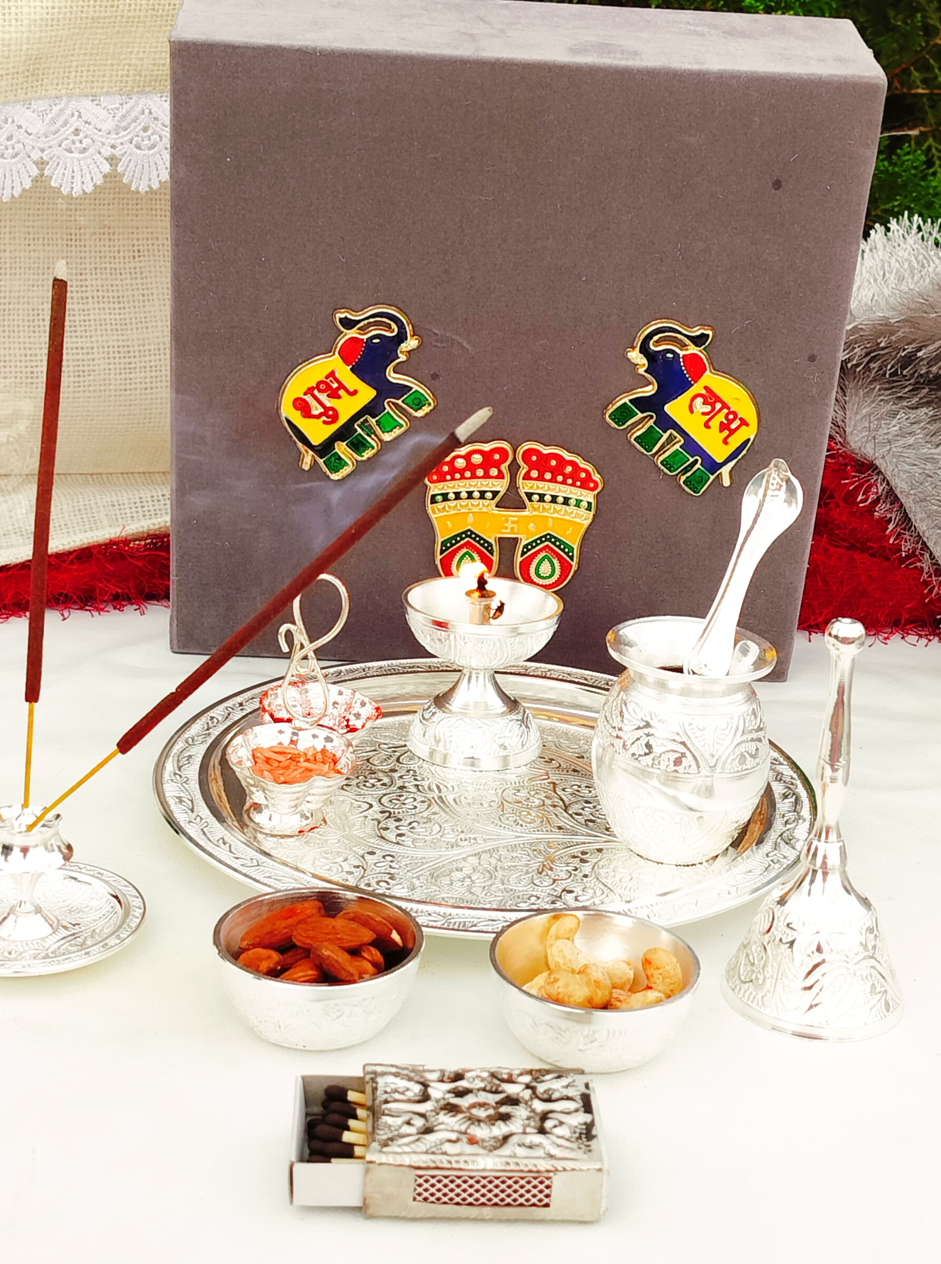 German silver Nakkashi Pooja set with Gift box